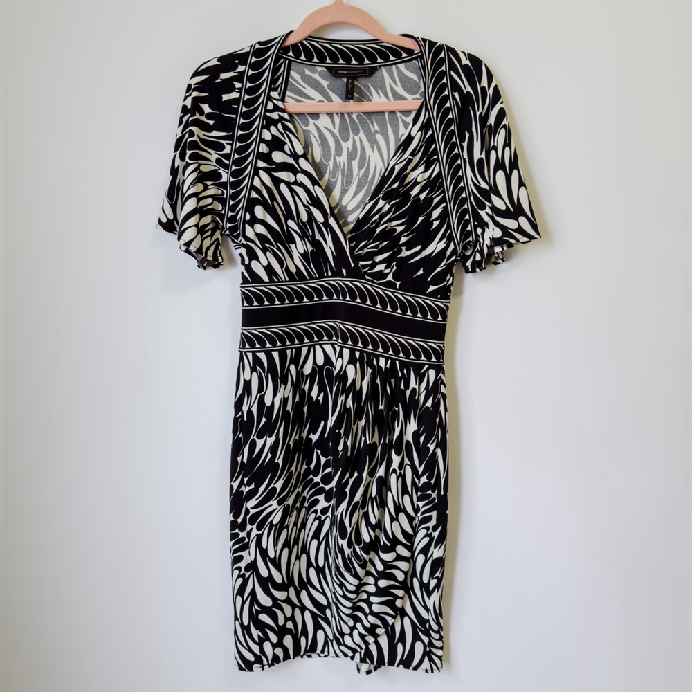 BCBGMAXAZRIA Black and White Faux Wrap Dress